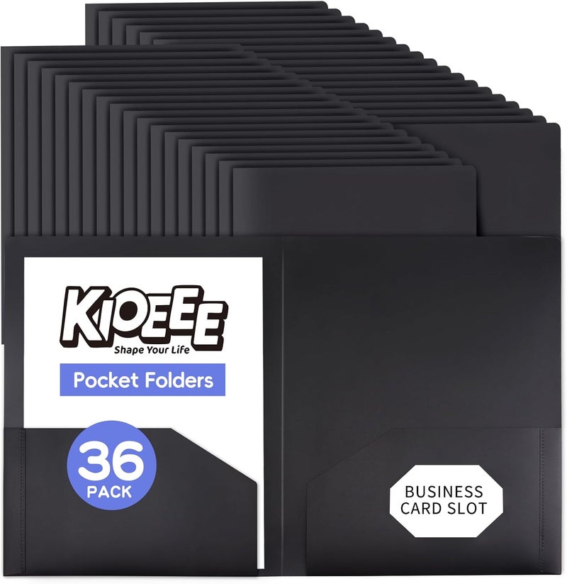 KIOEEE Plastic Folders with Pockets Bluk (36 Pack), Heavy Duty Plastic Folders with 2 Pocket and Business Card Slot. Fit Letter Size Paper, Black for School - Image 1